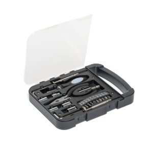 Descripción: Set de herramientas en estuche plástico termoformado con tapa traslucida y manija. Contiene una pinza, destornillador con nueve puntas intercambiables, dos extensores y 5 tubos, y dos destornilladores pequeños y dos llaves Allen. (9183)